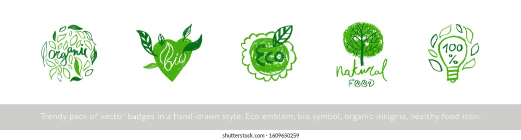 Organic food labels. Natural healthy fresh diet products icons. Green premium vegan badges. Hand lettering. Trendy vector logo for ethical agriculture, bio concept, natural cosmetics, local market.