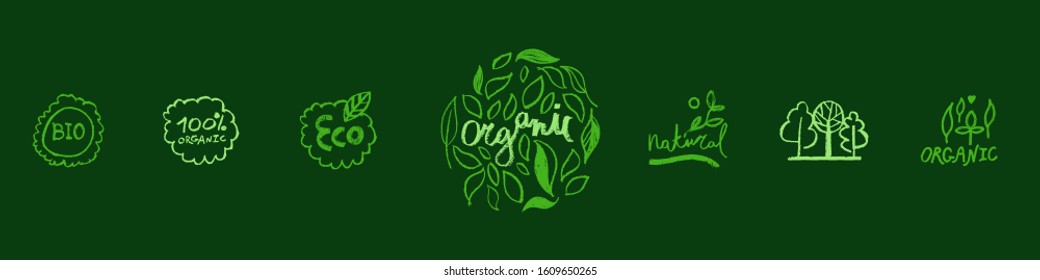 Organic food labels. Natural healthy fresh diet products icons. Green premium vegan badges. Hand lettering. Trendy vector logo for ethical agriculture, bio concept, natural cosmetics, local market.
