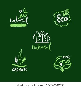 Organic food labels. Natural healthy fresh diet products icons. Green premium vegan badges. Hand lettering. Trendy vector logo for ethical agriculture, bio concept, natural cosmetics, local market.