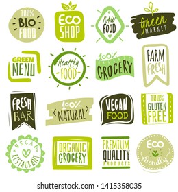 Organic food labels. Natural meal fresh products logo. Ecology healthy farm bio food vector green premium badges