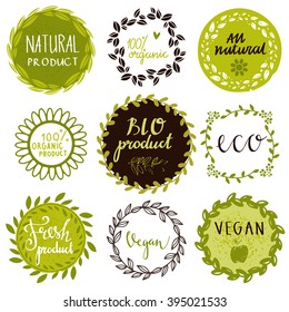 Organic food labels set, bio, eco farm stickers, stamps, icons, logo, frames, card design isolated calligraphic text, handwriting