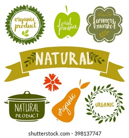 Organic food labels set, bio, eco farm stickers, stamps, icons, logo, frames, card design isolated calligraphic text, handwriting