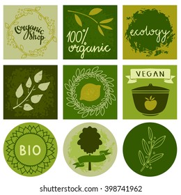 Organic food labels set, bio, eco farm stickers, stamps, icons, logo, frames, card design isolated calligraphic text, handwriting
