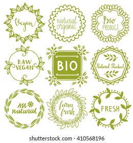 Organic food labels set, bio, eco farm stickers, stamps, icons, logo, frames, card design isolated calligraphic text, hand drawn