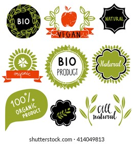 Organic food labels set, bio, eco farm stickers, stamps, icons, logo, frames, card design isolated calligraphic text, hand drawn