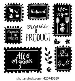 Organic food labels set, bio, eco farm stickers, mark, icons, logo, frames, card design isolated calligraphic text,  hand drawn