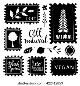 Organic food labels set, bio, eco farm stickers, mark, icons, logo, frames, card design isolated calligraphic text,  hand drawn
