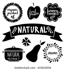 Organic food labels set, black silhouettes, bio, eco farm stickers, stamps, icons, logo, frames, card design isolated calligraphic text, hand drawn
