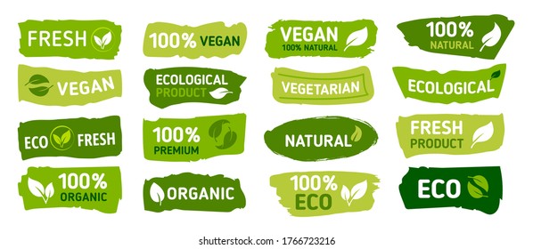 Organic food labels set. Fresh eco vegetarian products, healthy foods badges. Vegans diet sticker or ecological food product stamp. Vector isolated on white symbols. EPS 10