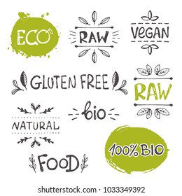 Organic food labels set. Harvest  badges. Ink hand drawn doodle vector illustration. Can be used for farmers market, menu, cafe, restaurant, bar, poster, shop, food studio, emblem, sticker, logo.