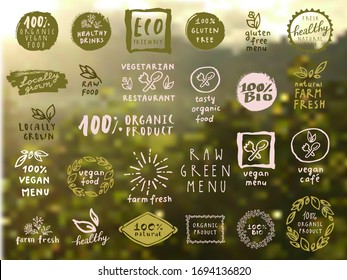 Organic food labels set. Vector fresh healthy food icons. Vintage badges for restaurant menu or food package. Quarantine home food delivery service logo design templates. EPS10 vector illustration