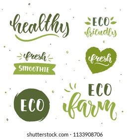 Organic food labels in vector noised hand drawn style. Fresh healthy icons.