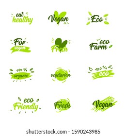 Organic food labels in vector noised hand drawn style. Fresh healthy icons. Set