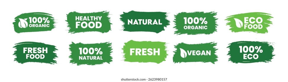 Organic food labels vector set with fresh eco vegan healthy product badges