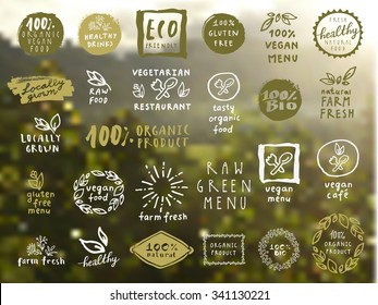 Organic food labels vector set. Fresh healthy food icons. Vintage badges for restaurant menu or food package design on blurred rural background