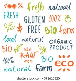 Organic food labels vector set. Vintage badges for restaurant menu or food package design. Vintage organic harvest stamps set. Fresh healthy food icons.