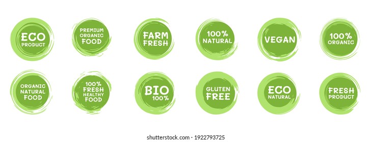 Organic food labels. Vegetarian products and healthy foods badges. Logo, vegan diet sticker or ecological product stamp. Vector illustration