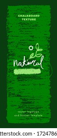 Organic food labels. Vertical hand drawn banner of Green Thinking badges on chalkboard background. Healthy food icon, pencil background, eco emblem. Trendy vector farm logo, natural cosmetics.