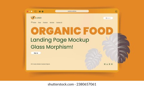 Organic Food landing page mockup in glass morphism style. Web Design Orange Background template for fresh food, EPS 10 Vector For Website, Home Page, Web Page, easily editable