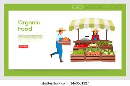 Organic food landing page vector template. Farmers market stall website interface idea with flat illustrations. Summer outdoor vegetable store homepage layout. Web banner, webpage cartoon concept