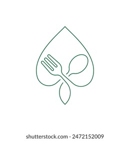 Organic food. Leaf with fork and spoon icon line style isolated on white background. Vector illustration