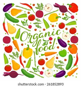 Organic food lettering.
Vector fruits and vegetables with a lettering on a white background.