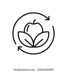 Organic Food line icon, Black and white line drawing of an apple with leaves inside a circle with two arrows. Suitable for educational materials, cooking blogs and foodrelated designs.