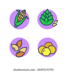 Organic food line icon set. Corn cob, pine nuts, sunflower seeds, honeycomb. Organic products, food concept. Vector illustration for web design and apps