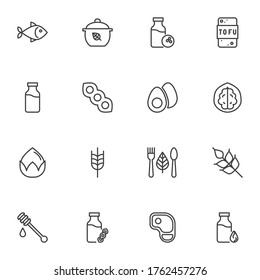 Organic food line icons set, outline vector symbol collection, linear style pictogram pack. Signs, logo illustration. Set includes icons as seafood, tofu bread, milk bottle, honey, beef steak, fish