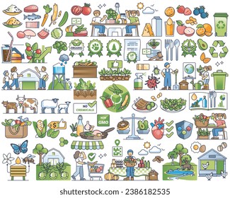 Organic food and local farmer vegetables harvest in outline collection set. Elements with vegetables, fruits, meat, fish and green healthy groceries from farmer vector illustration. Natural and fresh