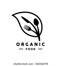 Organic Food Logo With Abstract Leaf And Fork, Knife And Spoon Icon. Vector Illustration.