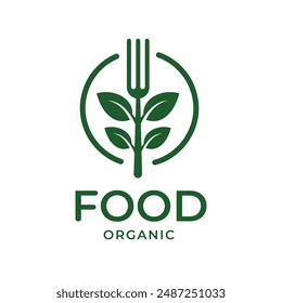 Organic Food Logo Design Featuring Green Leaf and Fork Symbols for Healthy and Natural Eating can be used for Restaurant Logos