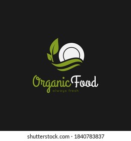 Organic Food Logo. Plate With Leaf On Black Background