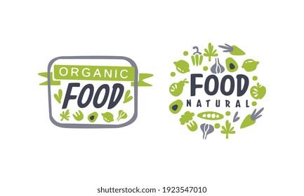 Organic Food Logo Templates Design, Fresh Natural Products, Healthy Life and Premium Quality Vegan Food Vector Illustration