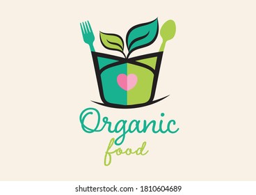 Organic food logo vector design, green leaf, bowl, icon, symbol, creative idea
