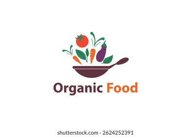 Logotipo de alimento orgânico. Logotipo vetorial de comida orgânica com legumes frescos em uma tigela. Ideal para restaurantes veganos, mercados agrícolas, embalagem ecológica de alimentos, fazendas orgânicas, lojas de produtos frescos ou estilo de vida verde