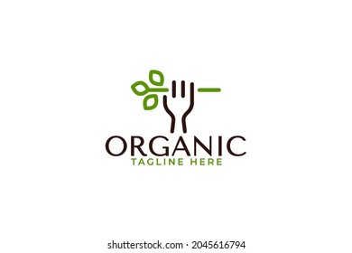 gráfico vectorial del logotipo de alimentos orgánicos con una combinación de tenedor, planta y mano sutil para cualquier negocio.