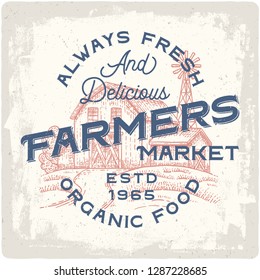 Organic food logo. Vintage poster with hand drawn illustration of farm house.