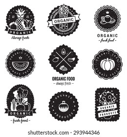 Organic food logo-badges vintage vector set. Hipster and retro style. Perfect for your business design.