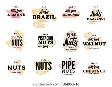 Organic food logos set with different kinds of nuts and inscriptions in sketch style isolated vector illustration