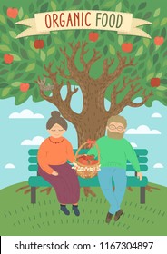 Organic food. Man and woman sitting on the bench under a tree with basket of just harvesting apples. Cute original vector illustration.