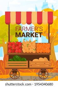 Organic food, market counter, farmer vegetable, harvest fresh healthy, business kiosk, design, cartoon style vector illustration.