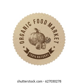 Organic food market round paper emblem with hand drawn vegetables. Vector illustration