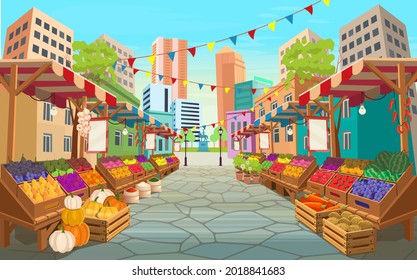 Organic food market street. Food market stalls with fruits and vegetables.Vector cartoon wooden marketplace tents with farm produce. - Shutterstock ID 2018841683