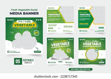 Organic food menu template collection with creative shapes. Vegetable social media post set design for digital marketing. Fresh vegetable business poster bundle with yellow and green colors.
