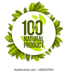 Organic food, natural product badge, 100 percent natural design element, organic products promotion, vector design made in paper cut realistic style.