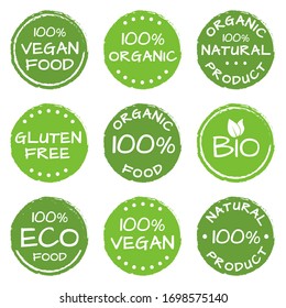 Organic food, natural products icon set. Eco, Bio and Vegan green labels or logos. Gluten free badge. Vector illustration.  