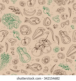 Organic food on white background, seamless pattern template. Vector illustration, modern hand draw style.