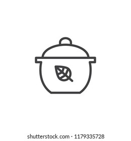 Organic food outline icon. linear style sign for mobile concept and web design. eco saucepan with leaf simple line vector icon. Symbol, logo illustration. Pixel perfect vector graphics