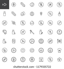 Organic food outline icons set. linear style symbols collection, line signs pack. vector graphics. Set includes icons as Seafood, Peanut, Walnut, Gluten free, Milk, Soy, Egg, Wheat, Dairy, GMO, Tofu